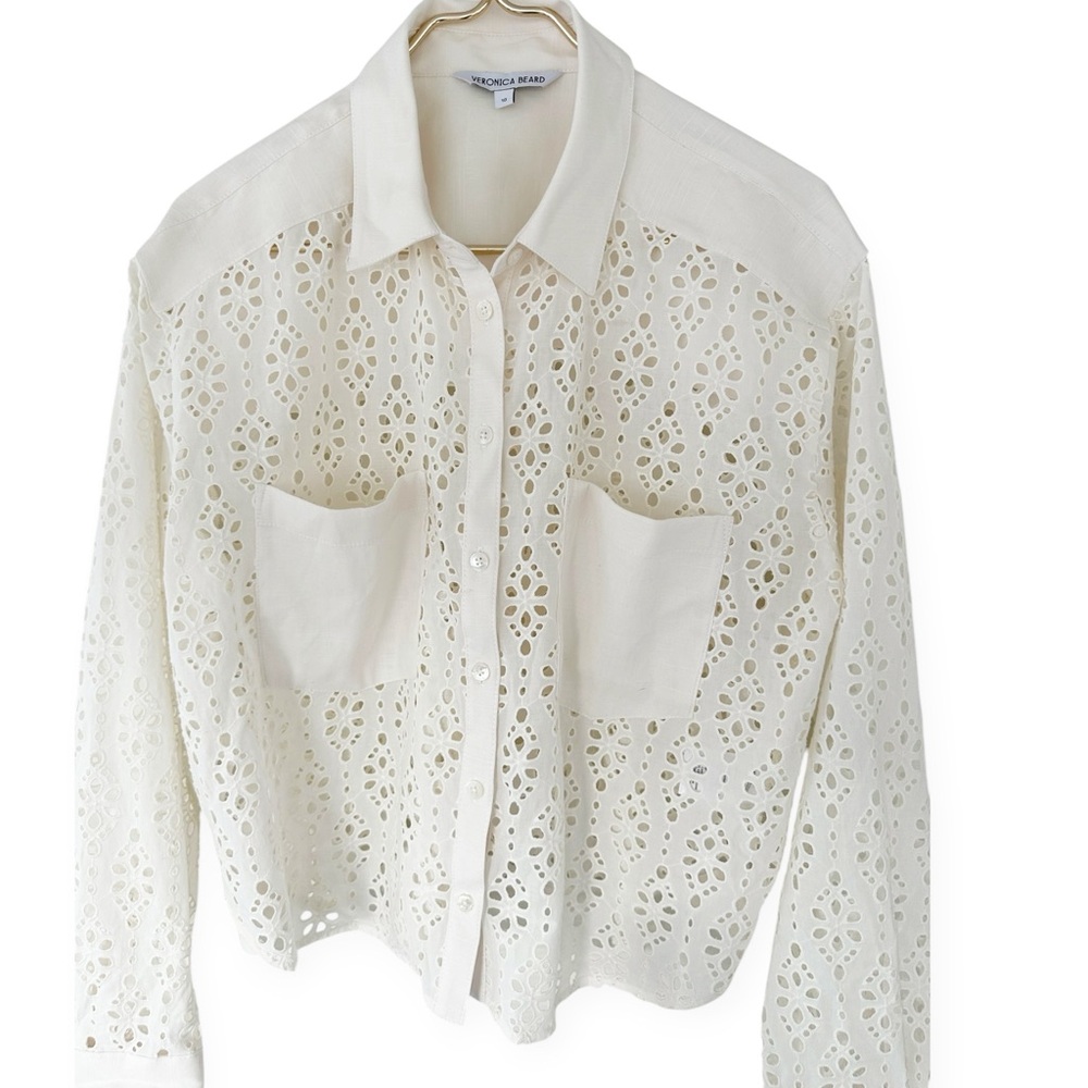 Veronica Beard White Eyelet Button-Down Shirt with Chest Pockets - Picture 2 of 14